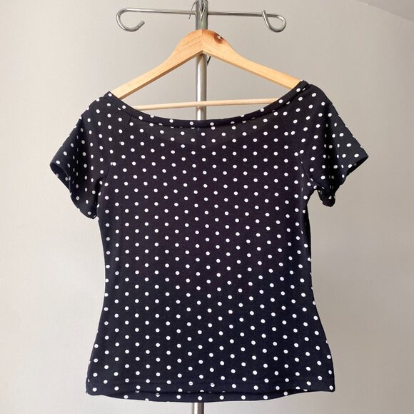 ❄️ Casual Y2K Minimalist Twee Trendy Black & White Polka Dot Bateau-Neck Top - Picture 3 of 5